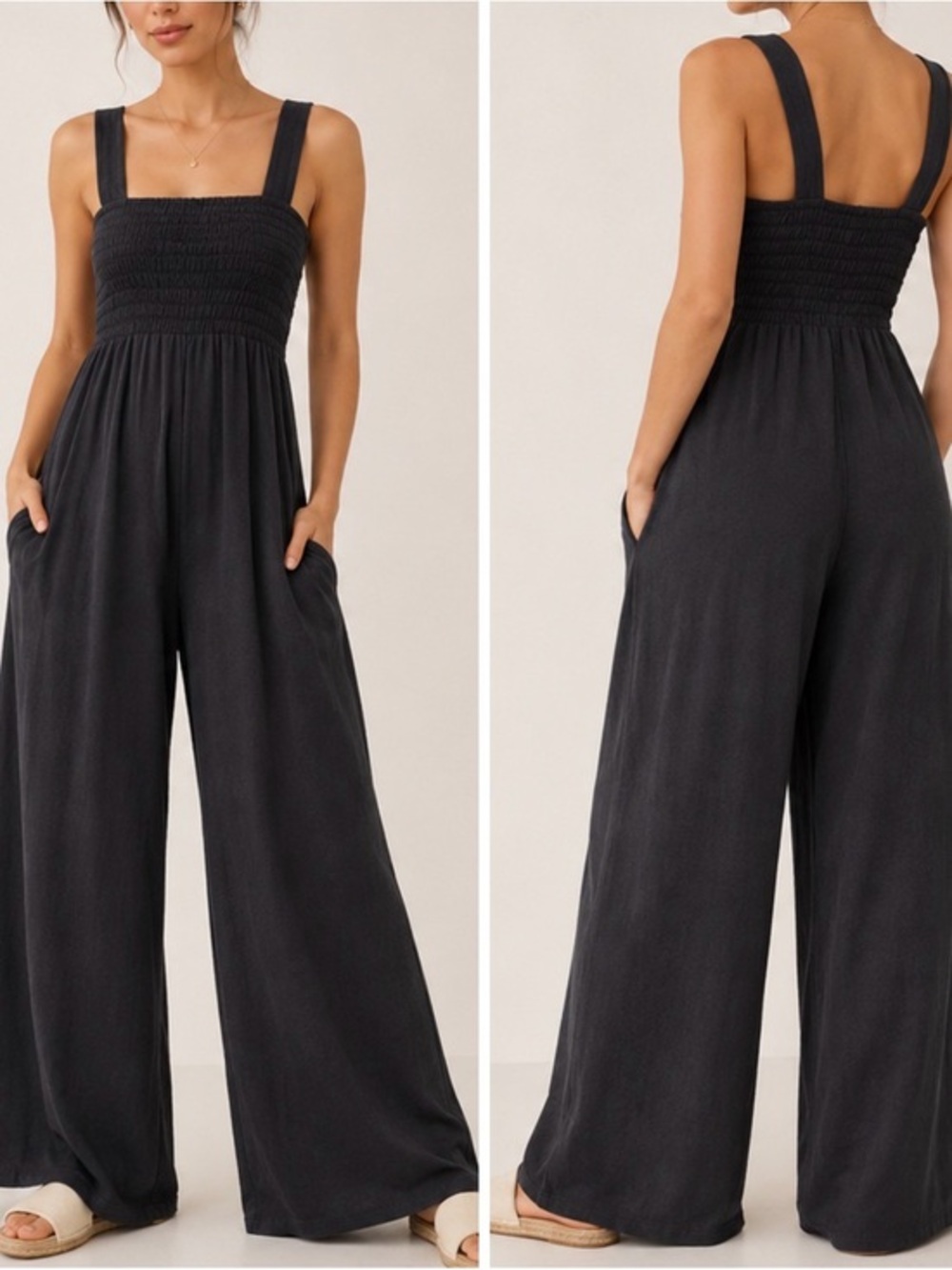 Free People Beach Dark Charcoal Grey Smocked Homecoming Wide Leg Jumpsuit